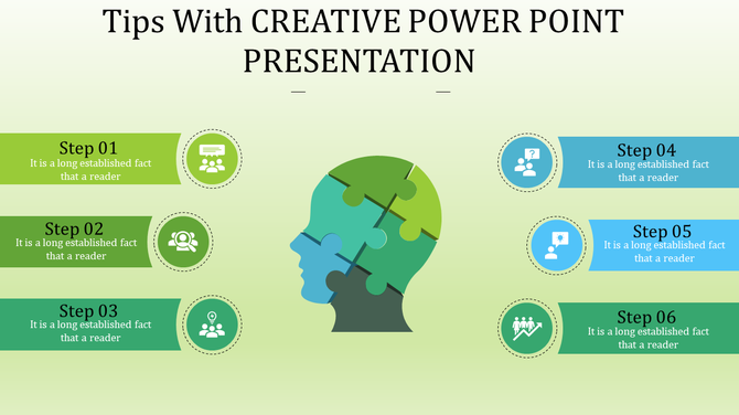 Central head puzzle graphic with six steps on either side, in green and blue shades, featuring icons and text.