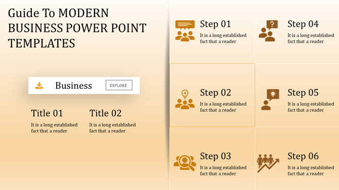A modern business PowerPoint template featuring numbered steps, titles, and an interactively explore button with icons.