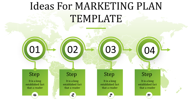 A marketing plan slide with four numbered steps, each accompanied by relevant icons, displayed over a world map background.