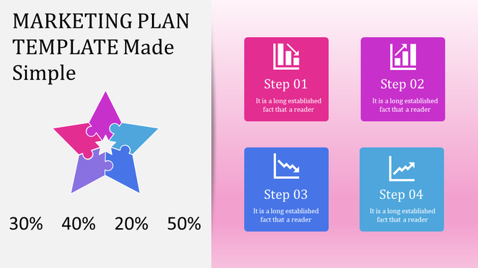 A simple marketing plan template with a star shaped diagram and four colored steps with icons and placeholder text.
