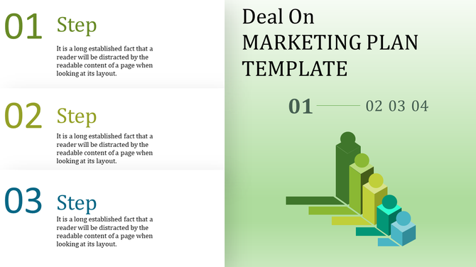 Split slide with three numbered steps on left and a multicolored stacked bar chart on a green gradient background.