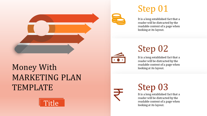 A marketing plan template with arrows pointing upwards and three steps for showcasing financial growth with icons.