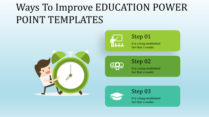 Educational PowerPoint template with a character turning an alarm clock, showing steps in education.