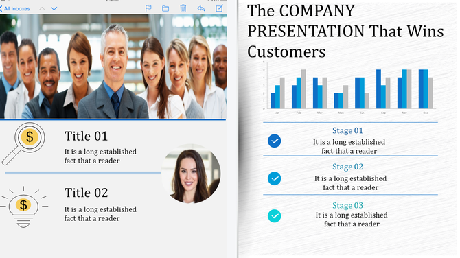 Businesspeople in a company presentation with icons representing money and ideas, along with a graph with placeholder text.