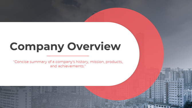 Slide with a large red circle, overlaid with a white company overview title, set against a cityscape background.