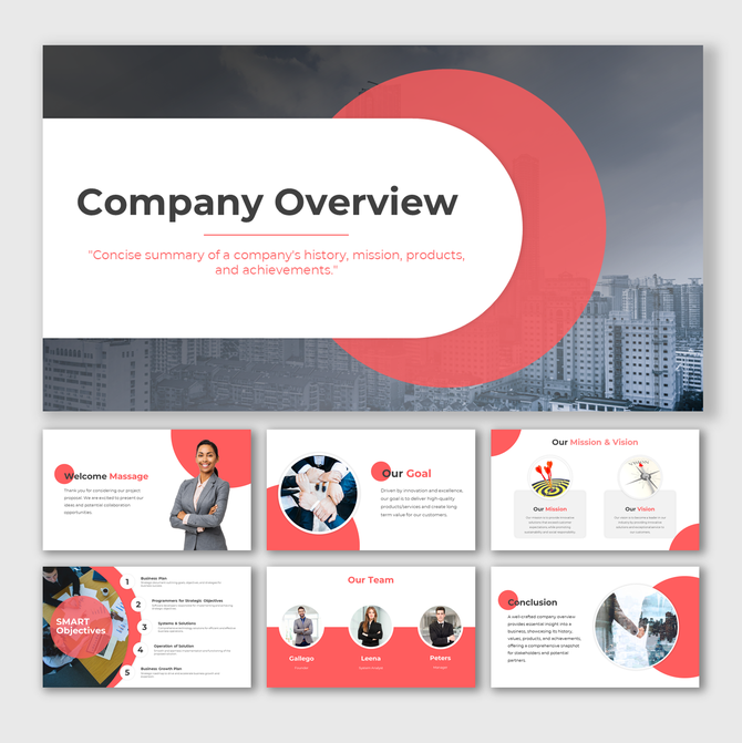 Slide deck with a red and white theme featuring a company overview, goals, team, and mission with modern visuals.