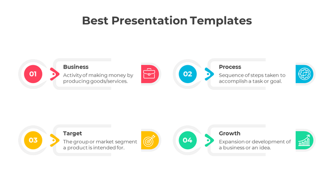 Infographic slide with four steps in a horizontal layout, featuring colorful numbered icons and descriptions.