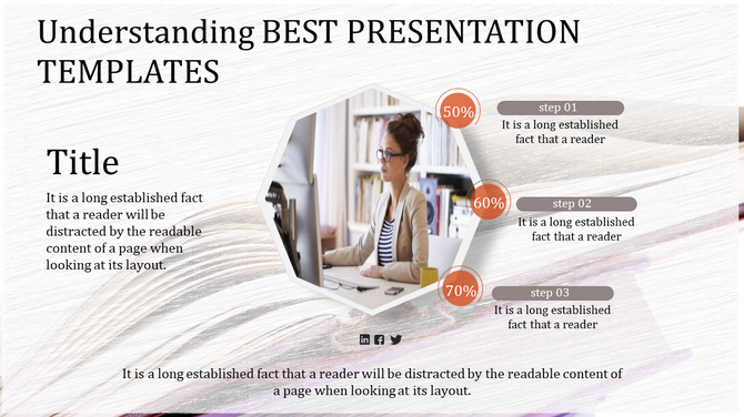 Presentation template showcases a professional woman working at a desk with three steps and percentage markers for progress.
