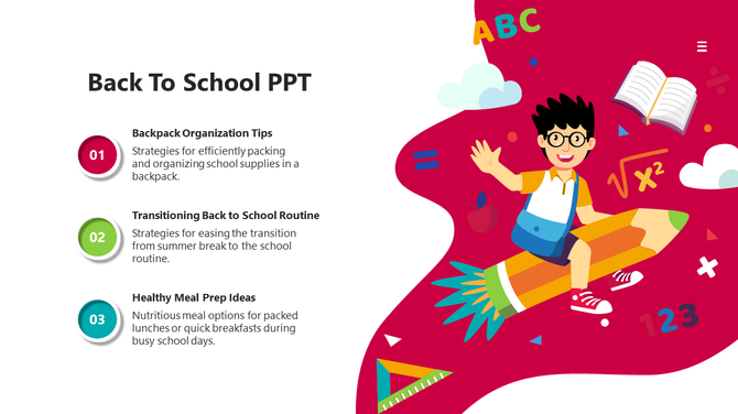 Back to school slide featuring a child riding a rocket shaped pencil with tips for organization, routines, and meal prep.