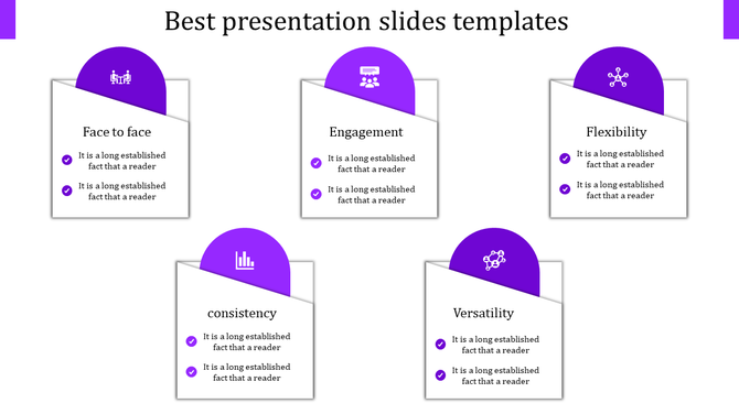 Best PPT slide with five purple icons representing different themes from face to face to versatility with placeholder text.