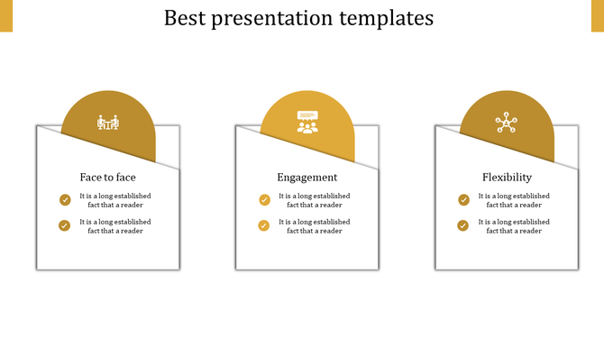 Slide infographic with three tilted rectangular cards, each topped with a gold semicircle containing an icon and a title.