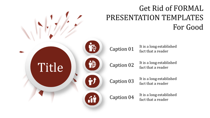 Brown circular title element for formal presentation with four icons in vertical, on radiating shapes with caption areas.