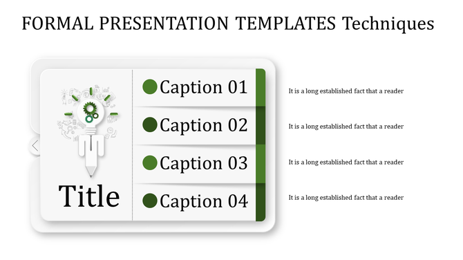 Formal slide with a central list of four captions on a white card layout with a green accent.