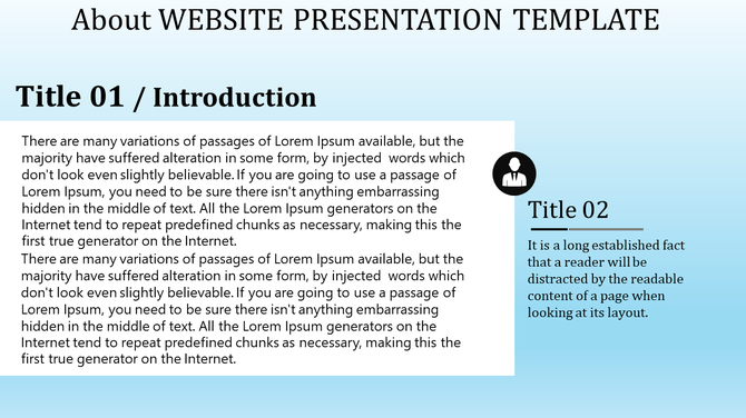 Website presentation template with a two column layout featuring an introduction section and a secondary title with an icon.