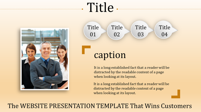 Website PPT template featuring a smiling business team with titles and caption placeholders on a gradient background.