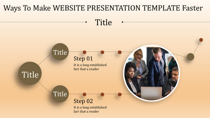Website PPT template with circular steps, connected titles, and a collaborative team image on a gradient background.