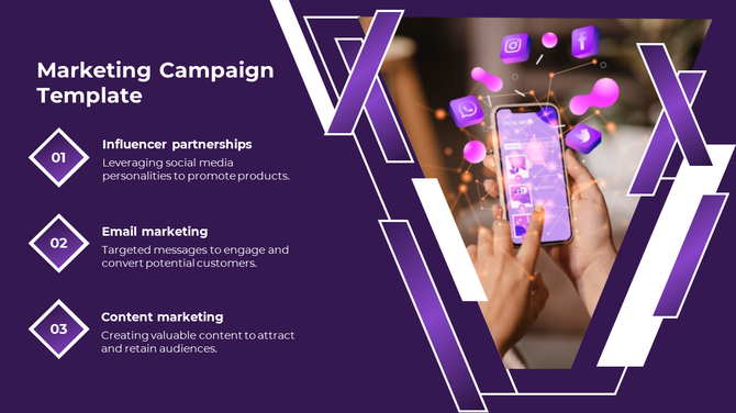 Purple slide featuring a smartphone and social media icons, paired with three outlined diamonds and text content.