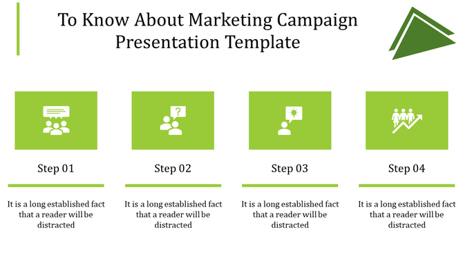 Presentation slide featuring steps 01 to 04 with corresponding icons and text for marketing campaigns.
