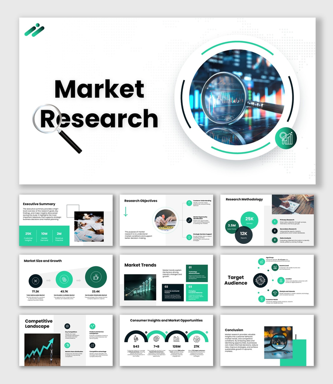 Market Research slides with green theme, magnifying glass image, charts, icons, diagrams, and structured analysis sections.