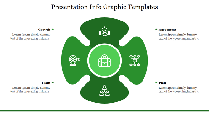 Green themed infographic PPT template with icons representing Growth, Agreement, Team, and Plan stages.