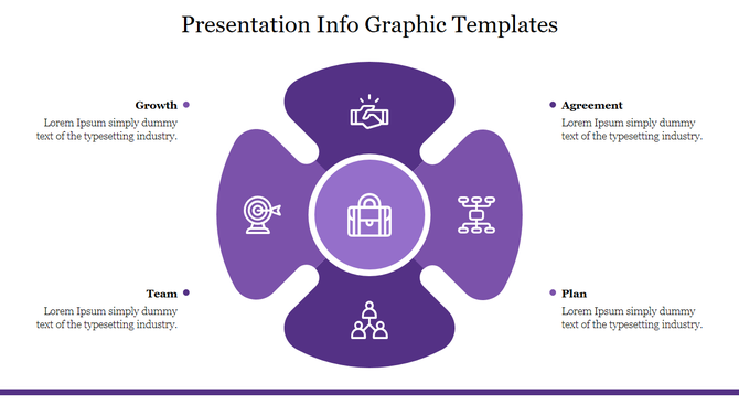 Purple infographic template with icons representing concepts like Growth, Team, Plan, and Agreement in a circular layout.