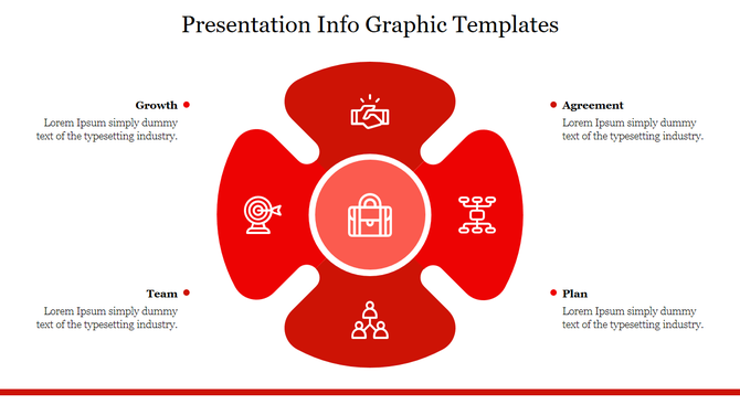 Red infographic slide with a circular layout, highlighting business topics like Growth, Team, Plan, and Agreement with icons.
