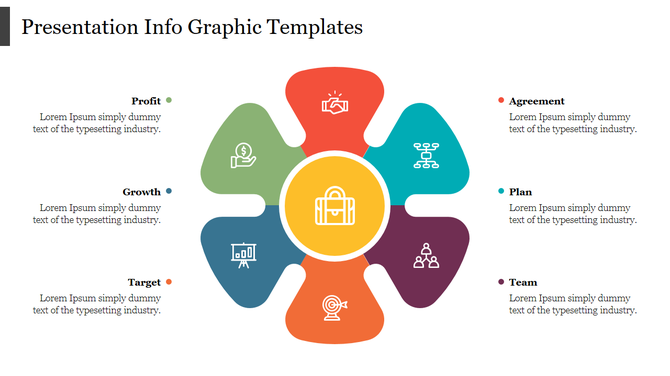Colorful presentation template featuring icons for profit, growth, agreement, plan, target, and team in a circular layout.