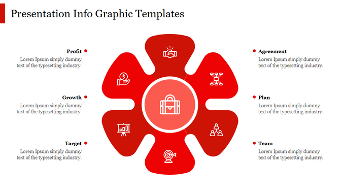 Circular infographic featuring yellow petals labeled from growth to team, with black icons and a central bag icon.