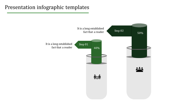 PowerPoint infographic template with two tubes showing steps and percentages with placeholder text.