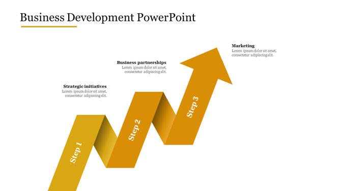 Business development slide featuring a three-step gold ribbon design labeled with steps progressing upward to marketing.