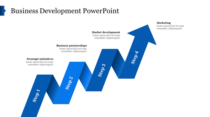 Creative business development template with a blue four step process with placeholder text for each stage.