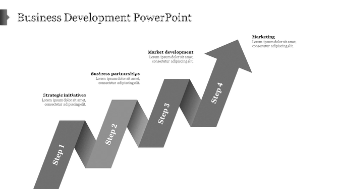 Zigzag gray arrow pointing upward with four segments, representing progression in business development stages.