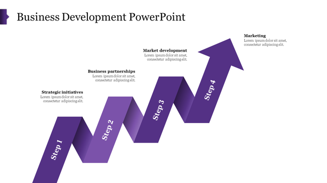 Business growth template with purple ascending arrow divided into four labeled steps for development stages.