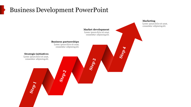 Business Development PowerPoint slide with a red arrow representing four progressive steps with placeholder text.