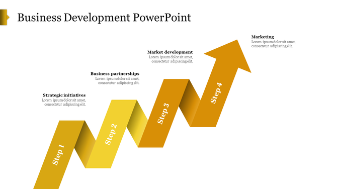 Business growth template with yellow ascending arrow divided into four labeled steps for development stages.