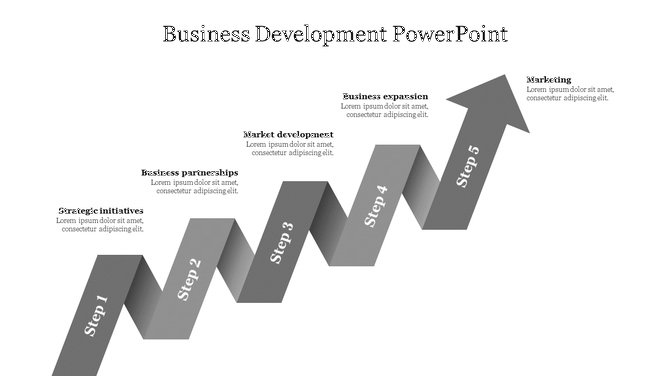 Business development slide featuring a five step zigzag arrow, each labeled with text areas in gray tones.