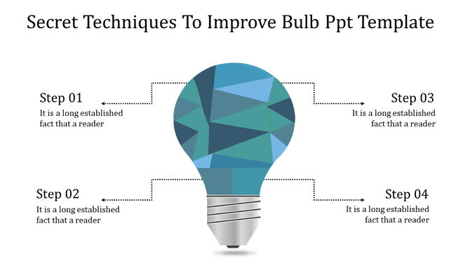 PowerPoint slide featuring a geometric bulb illustration with four labeled steps connected by dotted arrows.