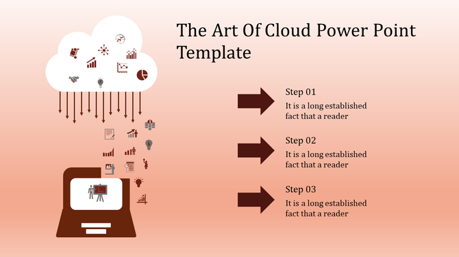 Slide design with a cloud illustration containing icons for data and analytics, connected by arrows to a laptop at the bottom.