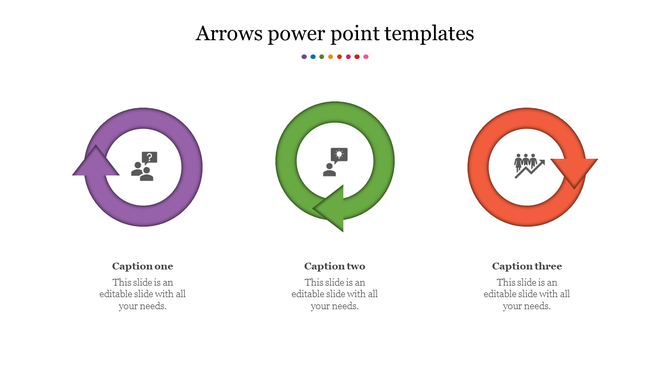 Three circular arrow diagrams in purple, green, and orange, each featuring unique icons and captions.