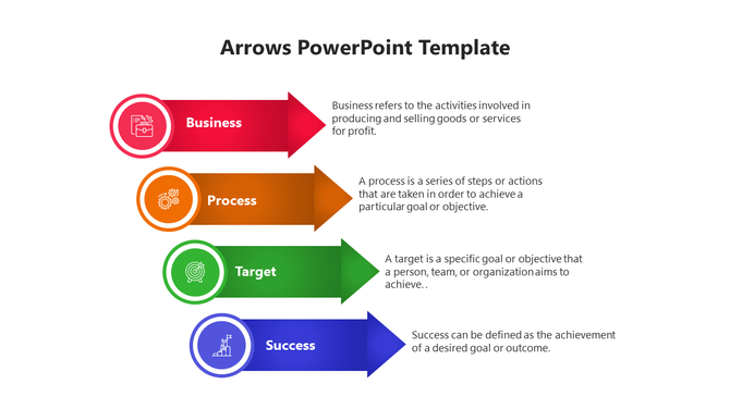 Colorful arrow PowerPoint template illustrating steps Business, Process, Target, and Success with descriptions and icons.