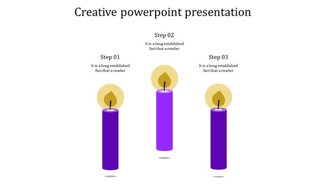 Creative PPT slide with three vertical purple candles representing steps 1, 2, and 3, each with a flame and text above.
