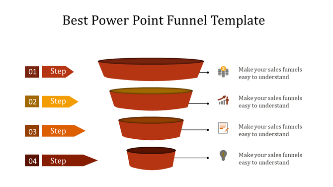 Sales funnel PPT slide with four descending funnel sections labeled as steps, accompanied by icons and text descriptions.