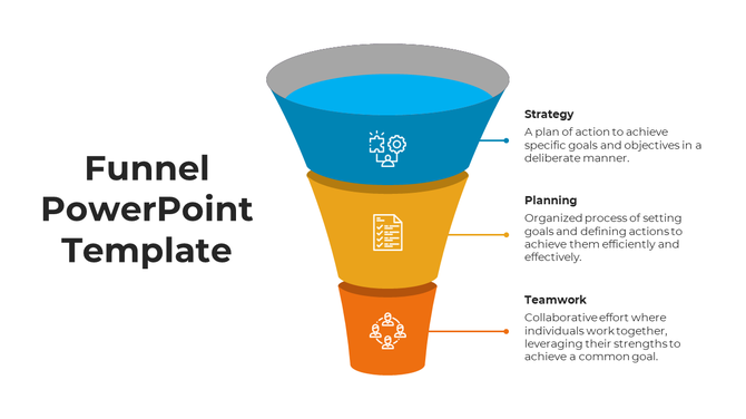 Three tier funnel infographic with blue, yellow, and orange sections featuring icons for strategy, planning, and teamwork.