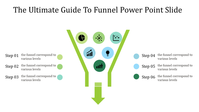 PowerPoint funnel slide displaying six labeled steps, each with a relevant icon, depicting a process flow.