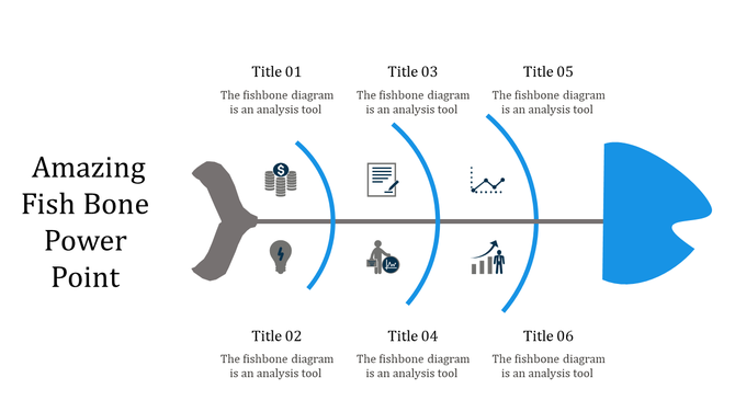 Fishbone diagram featuring six sections with blue arcs and icons for visual representation on a white layout.
