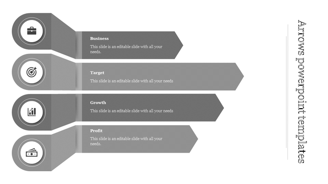 Infographic with four gray arrows representing different concepts, each with a circular icon and a caption beneath.