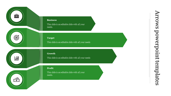 Infographic with four green arrows, each containing an icon and text representing business, target, growth, and profit.