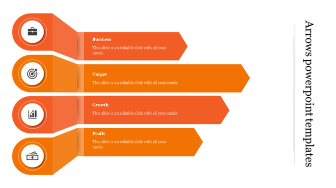 Orange arrows template illustrating business, target, growth, and profit concepts with icons and text fields.