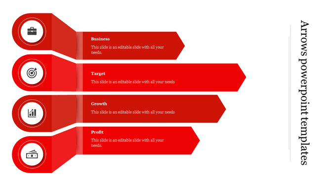 Set of four red arrows with circular icons, each labeled with a heading and followed by a text area.