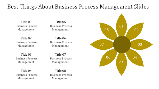 Flower shaped diagram slide with eight petals, each labeled with Title and business process management.